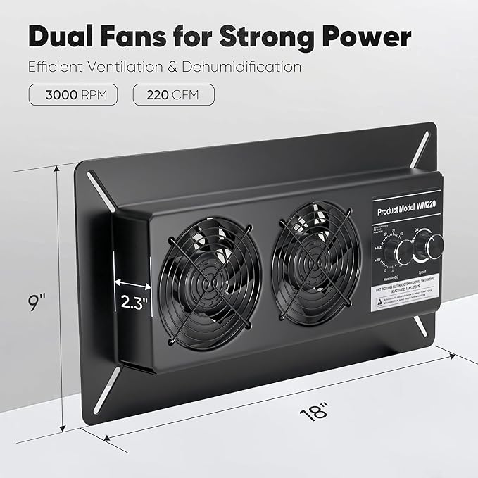 220 CFM Crawl Space Vent Fan with Dehumidistat & Thermostat, Dual Knobs for Speed & Humidity Control, 3000 RPM, Reduces Indoor Radon, Humidity & Odors, High-Efficiency Ventilation