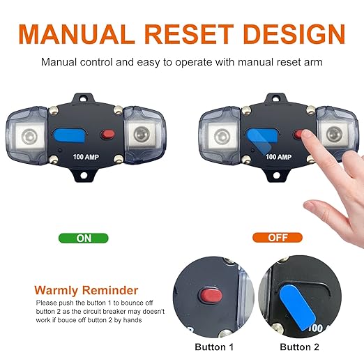 Erayco 80 Amp Circuit Breaker with Manual Reset, 12-48 Volt DC, 0-8 Gauge Trolling Motor Car Stereo Audio Inline Fuse Block Holders Inverter for Automotive Rv Marine Boat (80A)