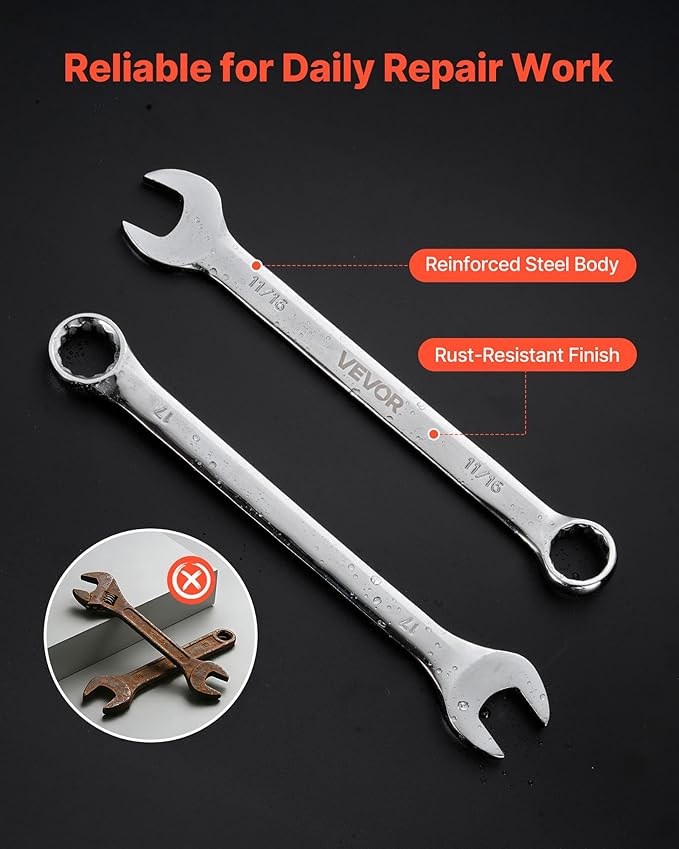 VEVOR Combination Wrench Set, 44-Piece SAE and Metric, 12-Point Box End and 15° Angled Open End Combination Wrenches with Roll Up Pouch, Carbon Steel, for General Household and Automotive Repairs