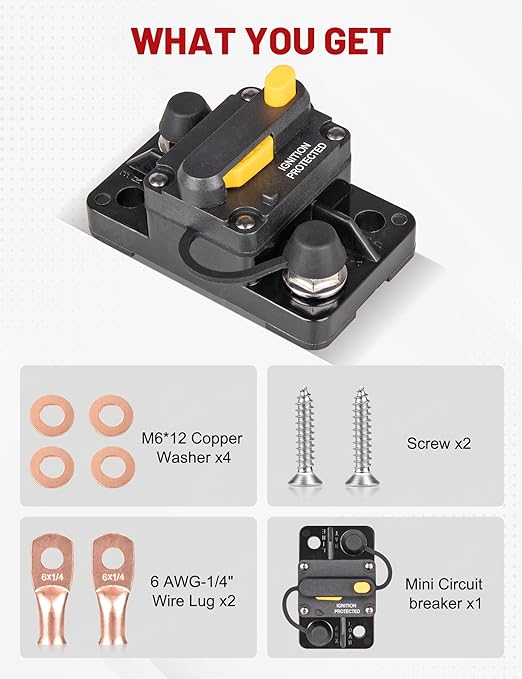 RED WOLF 15A Circuit Breaker Manual Reset, Mid Range Mini Fuse DC 12-32V, #10-32 Stud for Marine Boat Trolling Car Electronic Battery Solar System w/6 AWG-1/4 Wire Lugs Screw Kit Waterproof IP67