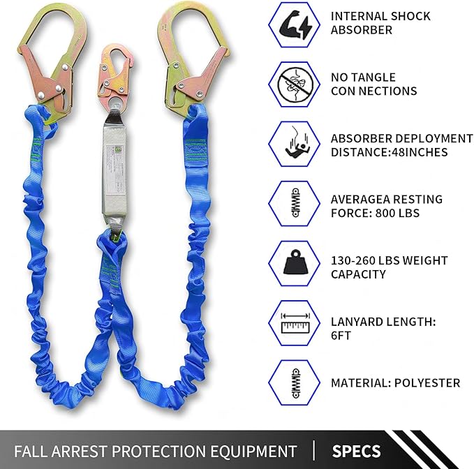 6FT Double Leg Internal Shock Absorbing Safety Fall Protection Lanyard with Dual Rebar & Snap Hook |Heavy-Duty Webbing | Roofer, | OSHA & ANSI Rated (AZ369-B-Shock Absorbing-Blue)