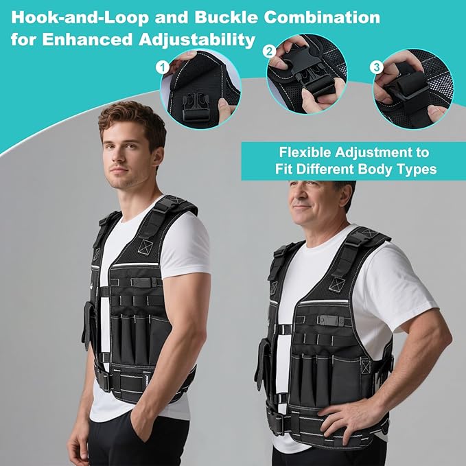 MELOTOUGH Tool Vest for Men with Pouches and Belt, Adjustable Multi-Pocket Safety Tool Vest for Electrician, Carpenter(Black)