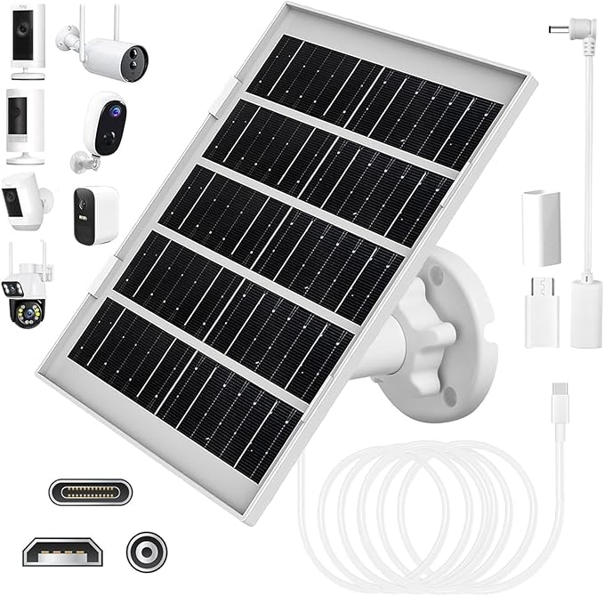 8W Solar Panel Charger for Outdoor Security Cameras, with Micro USB/USB-C and DC (35 x 135) Port, Fits Ring/Eufy/Wyze/Bird Feeder Camera, 13ft Cable, Fast Charging (1 Pack)
