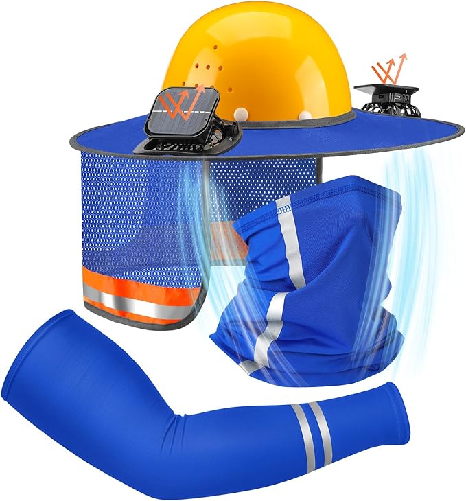 1 Set Sun Hard Hat Shade Full Brim Hard Hat Sun Visor with Solar Fans and Neck Sunshade Cover UV Reflective Strap Arm Sleeves Summer Protection Accessories