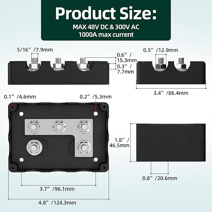 ANL Fuse Holder Max 1000A 1 in 6 Out Waterproof Anl Fuse Block with 5 x 5/16" Studs Dual Fuse Holder with 300 Amp, 400 Amp, 500 Amp and 600 Amp ANL Fuses for Marine Automotive Car Truck Boat