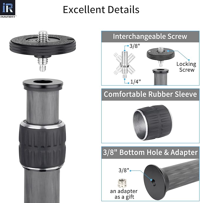 INNOREL ER322C Universal Carbon Fiber Tripod Center Column Extension Pole - 10 Layers, 32.5mm Tube, 55lbs Max Load, Black, Compatible with DSLR Camera, Tripod & Monopod