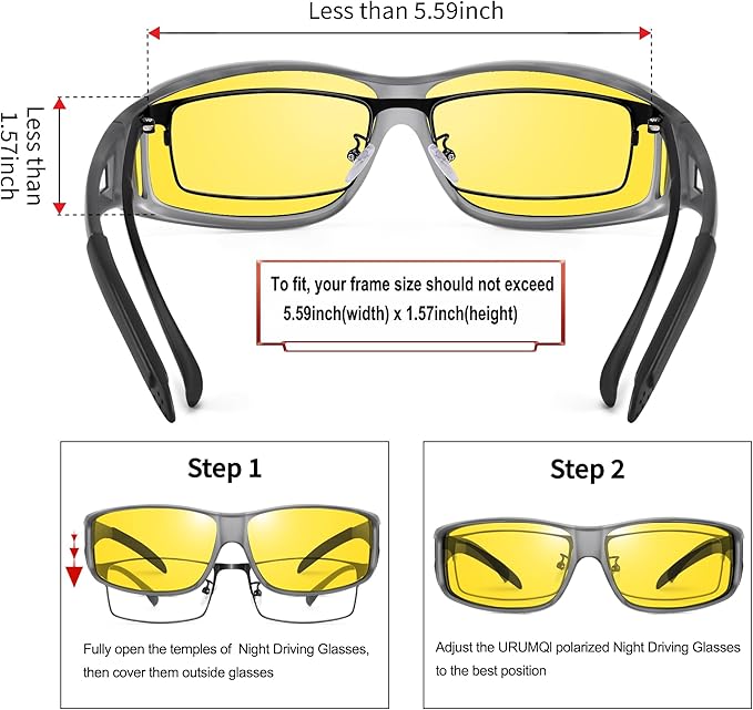 URUMQI Night Vision Driving Glasses Fit Over Eyeglasses for Men Women, Anti Glare Polarized Nighttime Glasses Yellow Lens
