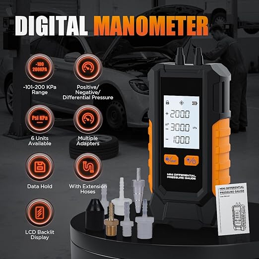 Manometer Gas Pressure Tester -101 to 200KPa Digital Manometers Dual-Port Gas Manometers HVAC with Auto Calibration, Backlight LCD Display, Data Hold Air Pressure Meter