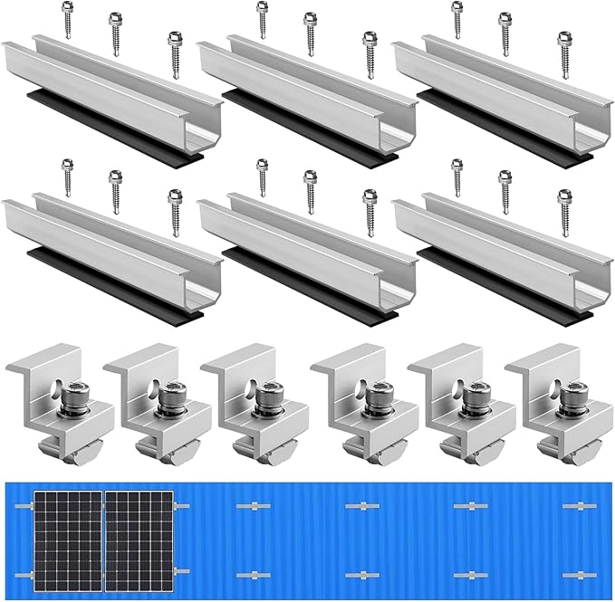 JiGiU 6PCS Solar Panel Mounting Bracket Kits with 7.87 in Aluminium Solar Panel Mounting Rail 30mm/35mm Solar Panel End Clamps Solar Panel Z-Bracket for Metal Roof, Tin Roof, Flat Roof, Sheet Roof