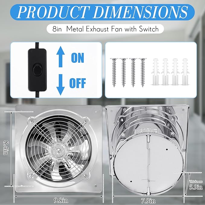 8 Inch Exhaust Fan 576 CFM Kitchen Exhaust Fan with Switch Small Bathroom Potable Plug in Garage with Damper for Shop, Smoking Room, Industrial Ventilation Use, Silver
