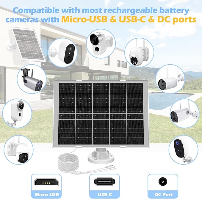 8W Solar Panel for Security Camera, Charger With Micro USB, USB-C & DC Port, IP65 Waterproof, 9.8Ft Charging Cable, Suitable for Rechargeable Battery Cameras