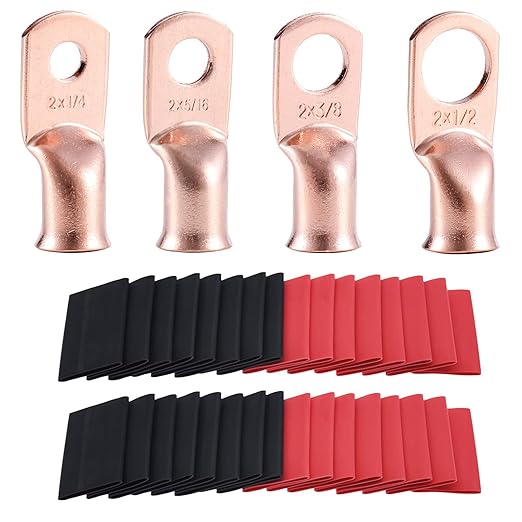 2 AWG Pure Copper Ring Terminal Kit (62 Pcs) - 30 Battery Lugs (1/4", 5/16", 3/8", 1/2") with 32 Heat Shrink Tubes for 2 Gauge Wire in Automotive, Solar, Inverter, Marine, RV Applications