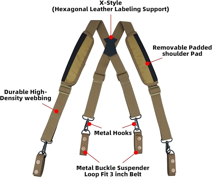 KUNN Tactical Duty Belt Suspenders with Metal Hook,Men Padded Police Harness for Duty Belt,Khaki
