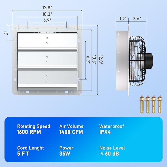 10 Inch Shutter Exhaust Fan, High-Speed 1400CFM Low Noise Attic Fan, Automatic Shutter, Ventilation and Cooling Vent Fan for Greenhouses, Garages, Shop, Chicken Coops, Gable, Shed