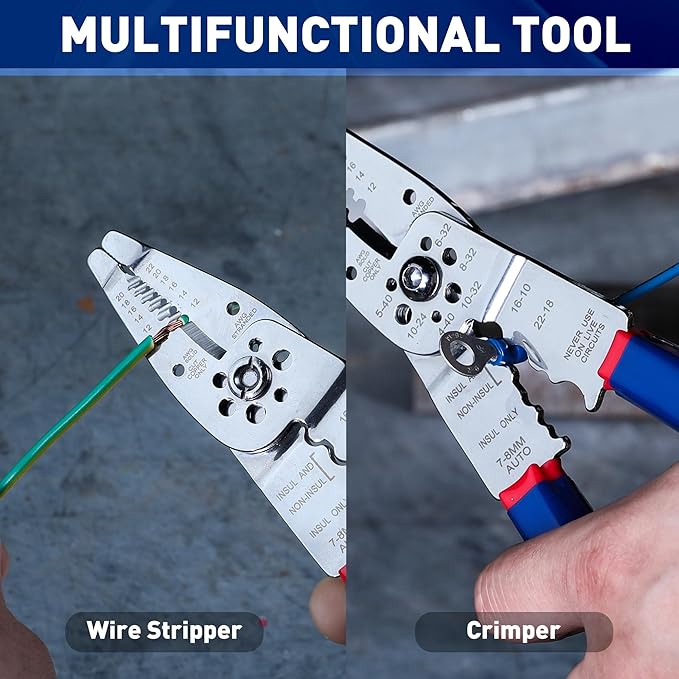 WORKPRO Wire Strippers Cutter, 8-inch Long Nose Wire Stripping Tool, Stainless Steel Wire Crimping Tools & Pliers, Multi-Function Hand Tool, Cuts 10-22 AWG