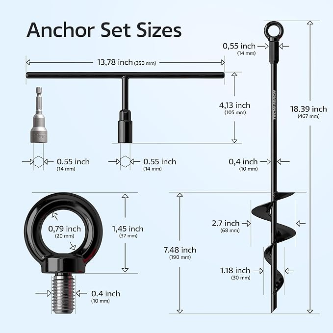 Ground Anchor Heavy Duty 18 inch - Earth Anchor Screw in Kit 4 Pack - Tie Down Swing Set Anchors - Auger Spiral Trampoline Stakes High Wind - Camping Carport Canopy Tent Stakes for Tree Shed Dog Sand