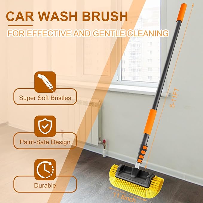 Car Wash Brush, 16FT Telescopic Car Wash Brush with Long Handle, 12-Inch Soft Bristle Car Cleaning Brush for Cleaning Car, RV, Truck, Boat, Solar Panels
