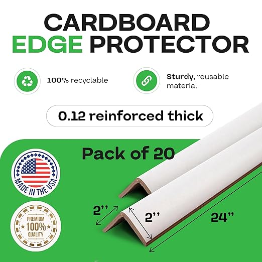 IDL Packaging 2” x 2” x 24” Cardboard Edge Protector (Pack of 20) - Corner Protectors for Shipping, Storage, & Moving – Reinforced Corner Guard Protection for Pallets, Wall Corners, & Furniture