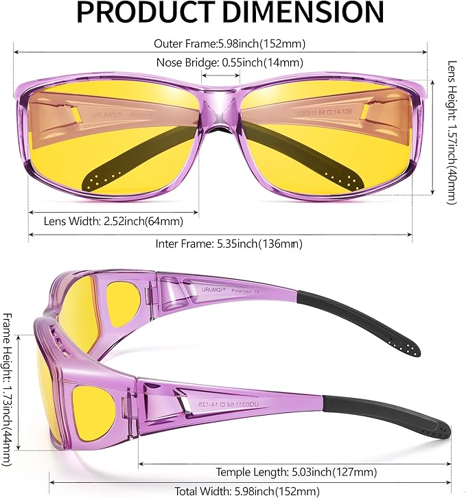 URUMQI Night Vision Driving Glasses Fit Over Eyeglasses for Men Women, Anti Glare Polarized Nighttime Glasses Yellow Lens