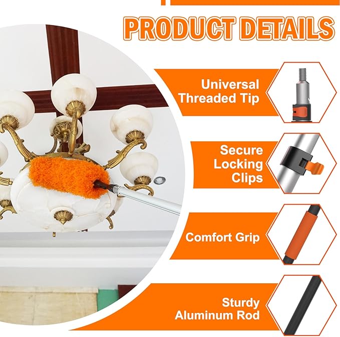 26FT Reach Ceiling Fan Cleaner Duster, Fan Blade Cleaner Kit with 5-20FT Extension Pole, Microfiber Duster & Replaceable Cleaning Cloth for Blades, Ceiling, Furniture