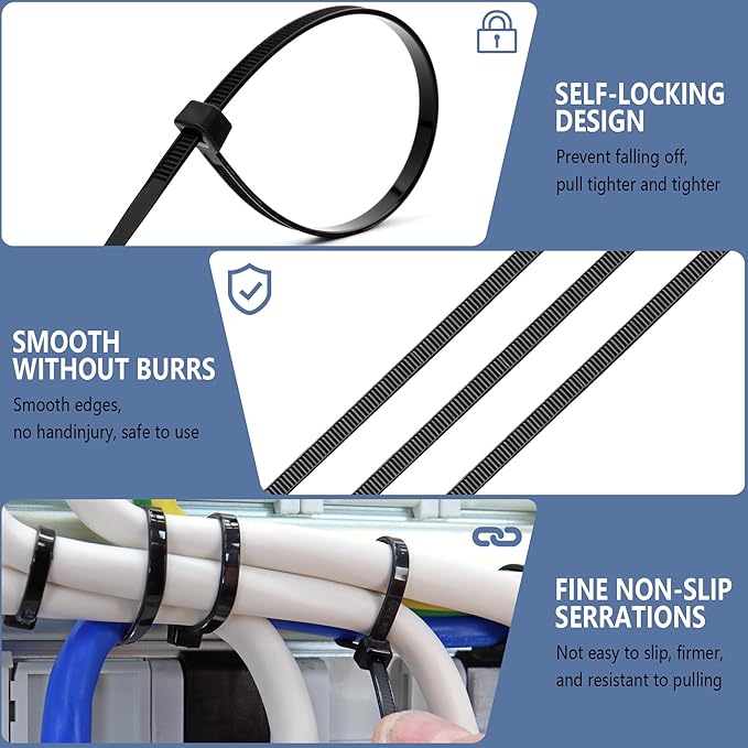 200pcs Zip Ties 8 Inch Black, Heavy Duty Zip Tie, 50lb Strength Cable Ties, Industrial Nylon Wire Tie Wraps for Garage and Workshop.