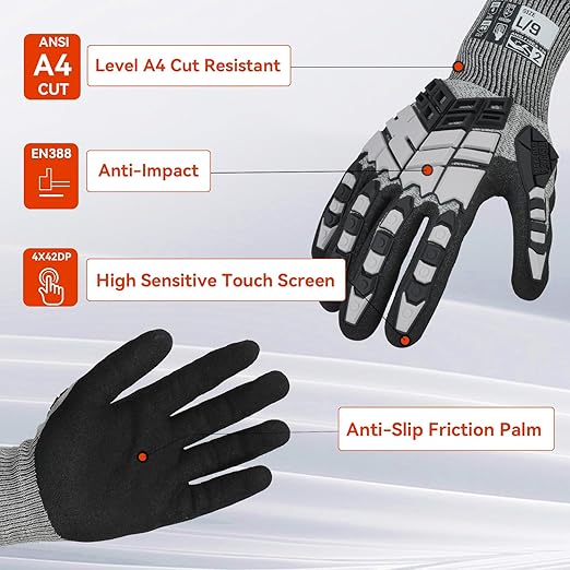 Safety Work Gloves, Impact Gloves for Men Women, Cut Resistant Non-Slip Heavy Duty Gloves with Nitrile Grip, Touch Screen Glove with Impact Protection for Mechanic Construction, Small, Grey