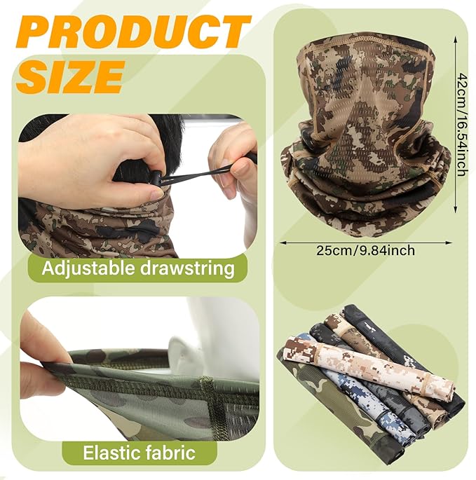 6 Pcs Adjustable Cooling Neck Gaiter Breathable Camo Balaclava for Men Face Mask Strap Mesh UV Sun Scarf for Summer Hunting Sports Cycling