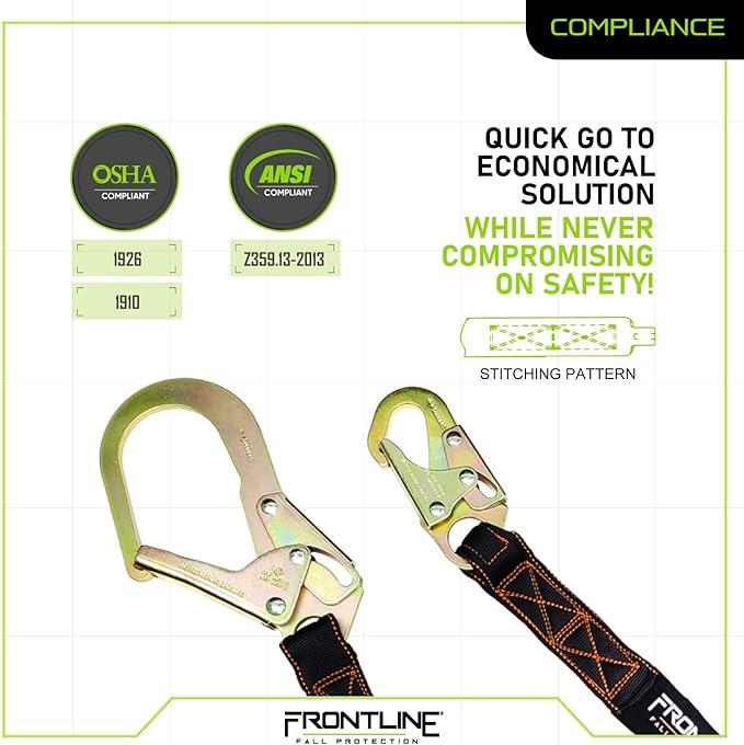 Frontline LIS61R Combat Single Leg 6' Rebar Hook End Lanyard with Internal Shock Absorber | Single Leg with Rebar Hook End | ANSI & OSHA Compliant | 5000 lbs. Min. Breaking Strength