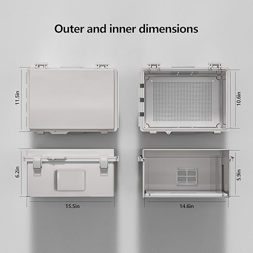 ABS Electrical Junction Box, Ventilated Design, Cable Grommets, IP65 Waterproof Enclosure, Indoor/Outdoor Use with Mounting Panel. (Grey Cover, 15.5"x11.5"x6.2")