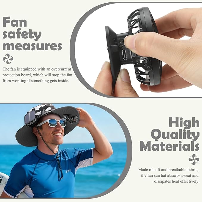 Berlune Men Sun Hat with 2 Solar Fans Wide Brim Outdoor Fishing Hat USB & Solar Powered for Sun Protection Camping Hiking