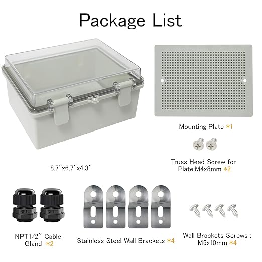 Junction Box IP65 Waterproof ABS Plastic Enclosure Hinged PC Clear Cover Electrical Project Box with Mounting Plate, Wall Brackets, Cable Glands 8.7"x 6.7" x 4.3"(220 * 170 * 110mm)
