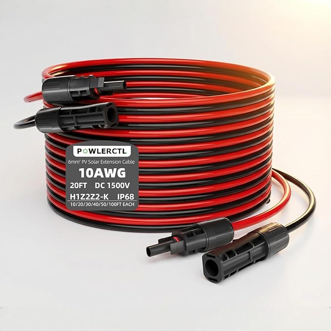 Solar Panel Extension Cable 10 AWG 20Ft 6mm² Wire Gauge Certified PV Cable,100% Tinned Copper with Male and Female Waterproof mc4 Connectors,for RV, Home Boat Photovoltaic Systems