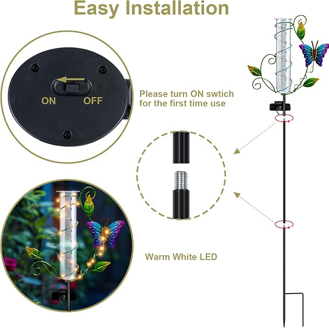 Butterfly Rain Gauge Outdoor - Wireless Solar Rain Gauges with 8" Capacity Glass Replacement Tube Best Rated Metal Decorative Garden Stakes with LED Lights for Yard Lawn Patio Art Decor