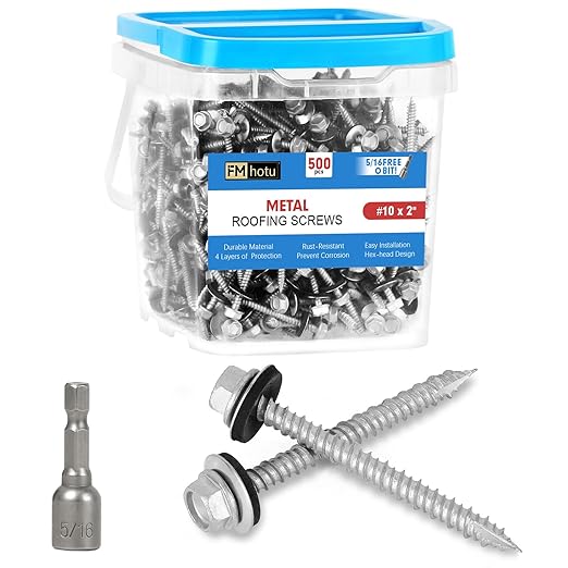 Metal Roofing Screws #10×2Inch, 500-PCS, Hex Head Rustpert Coating Sheet Metal to Wood Siding Screw with EPDM Rubber Washer, Sharp Point, Hex Socket Included