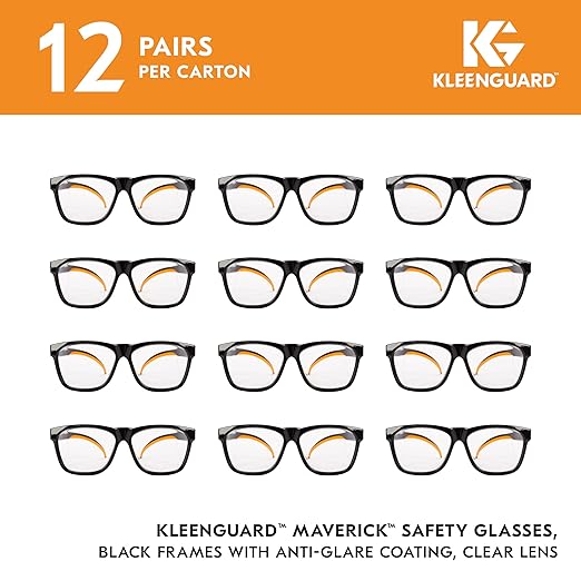 KleenGuard™ Maverick Eye Protection, (49312), Clear Anti-Glare Lenses with Black Frame and Orange Tips, 12 Pairs / Case