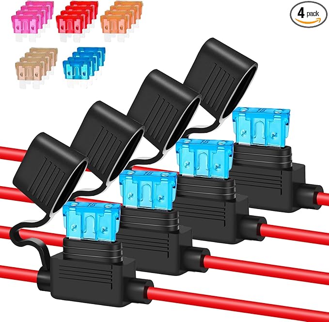 4 Pack 16AWG Inline Fuse Holder, Waterproof Precision 12V/24V Automotive Fuse Holder Kit with 20pcs ATC/ATO Fuses (3A-15A), Tinned Copper Wire for Dash Cam GPS