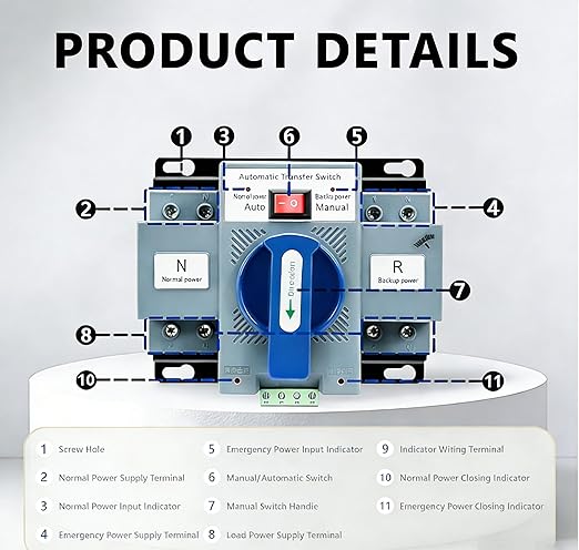 AC230V 63A 2P Dual Power Automatic Transfer Switch,50Hz/60HzGenerator Changeover Switch, Automatic/Manual Switching Modes Ez Generator Switch with Safety Protection