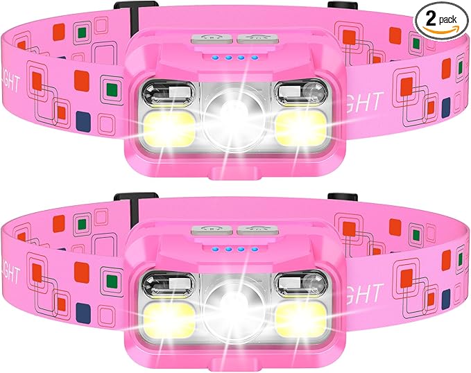 LHKNL Headlamp Rechargeable, Lumen Super Bright Motion Sensor Head Lamp Flashlight,2-Pack Waterproof LED Headlight with White Red Light,8 Modes Head Lights for Camping Cycling Running Fishing-Pink