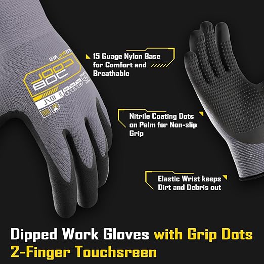 COOLJOB 6 Pairs Nitrile Rubber Dipped Safety Work Gloves with Grip Dots, Seamless Knit Nylon Gloves with 2 Fingers Touchscreen, Non-slip Coated for Warehouse, Home Improvement, Yard, Grey Medium