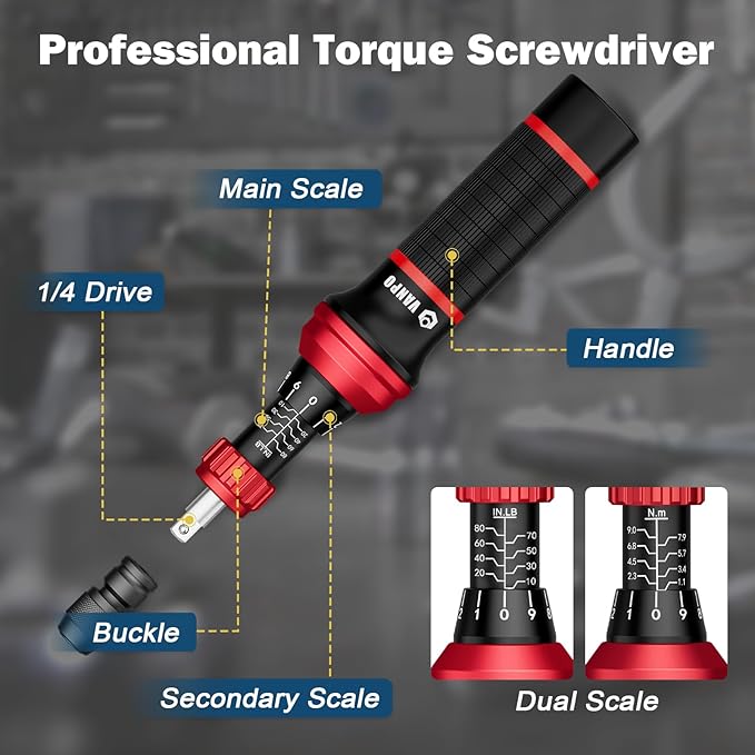 VANPO Torque Screwdriver Set 10–80 in-lb, 99-Piece Precision Torque Driver Kit with T-Bar & 1/4" Quick-Change Adapter, Adjustable for Scope Mounting, Electronics Repair, Bicycle Maintenance