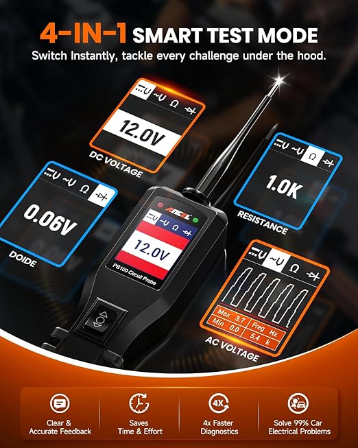 ANCEL PB100 Automotive Power Circuit Probe, 12-24 VDC Car Electrical Diagnostic Tool, AC/DC Voltage Current Resistance Short Detection, Trailer Fuse Tester, Digital Voltmeter Ohmmeter, 40FT Cables