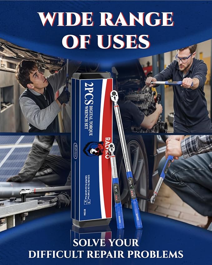 Digital Torque Wrench 3/8 & 1/2 Drive 5.02-99.57 Ft. Lb (6.8-135 N.m) / 12.54-250.7 Ft. Lb (17-340 N.m) ±2% Accuracy Digital Torque Wrench Set with Buzzer and LED Flash for Bike, Moto, Car
