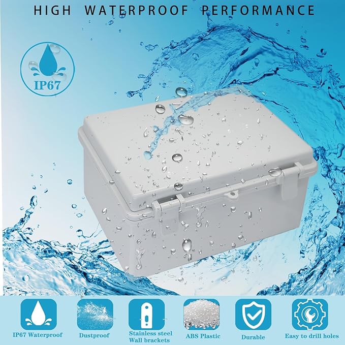 Waterproof Outdoor Electrical Box Junction Box Weatherproof IP67 ABS Plastic Enclosure Switch Router Project Box with Mounting Plate with Wall Bracket 2 Cable Glands Grey 8.7"x6.7"x4.3" 2PCS