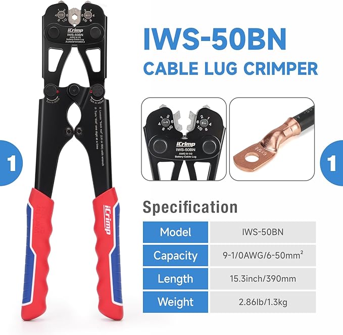 iCrimp IWS-50BN Battery Cable Terminal Crimping Tool Kit for 8, 6, 4, 2, 1, 1/0AWG Battery Cable Lugs, with Battery Cable Cutter and Wire Stripper