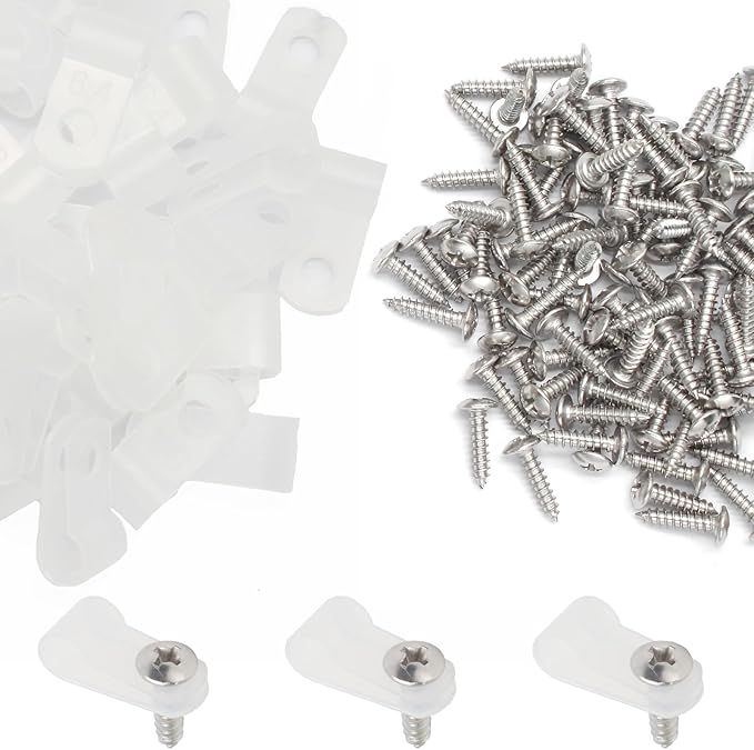 50 Pcs 1/4 Inch White Nylon Screw Mounting R-type Cable Clip Wire Clamp, 6.4mm Cable Clip Wire Clamp for Wire Management, Stainless Steel Screws Includedc