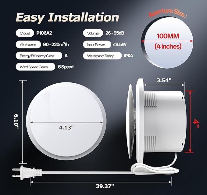 4 inch Bathroom Exhaust Fan with Remote 2 Way 6 Speed Upgraded Powerful Low Noise Vent Fan 3000RPM DC Motor Energy Saving Household Ventilation Fans for Attic Basement Garage Washroom P106A2