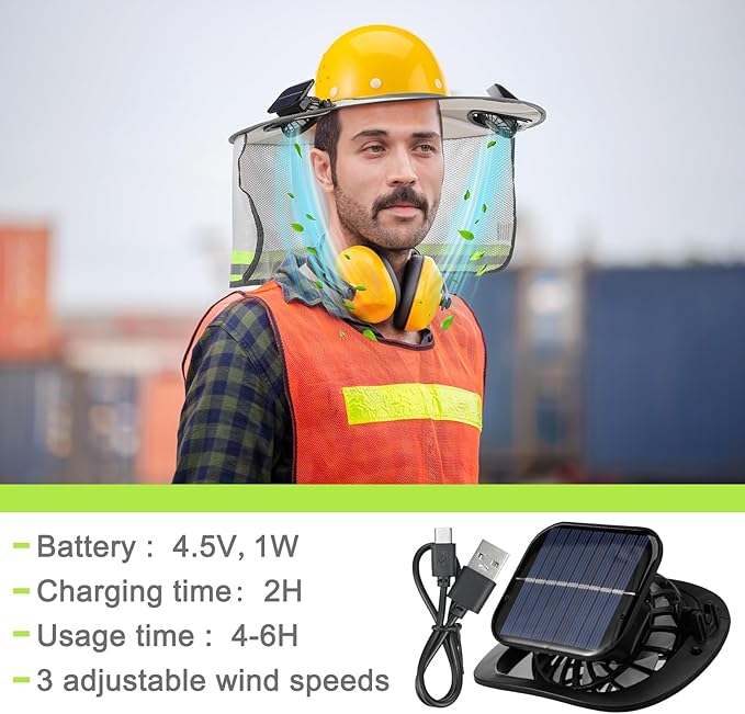 1 Set Sun Hard Hat Shade Full Brim Hard Hat Sun Visor with Solar Fans and Neck Sunshade Cover High Visibility Full Brim Mesh with Reflective Strip, Summer Protection Accessories(Light Gray)