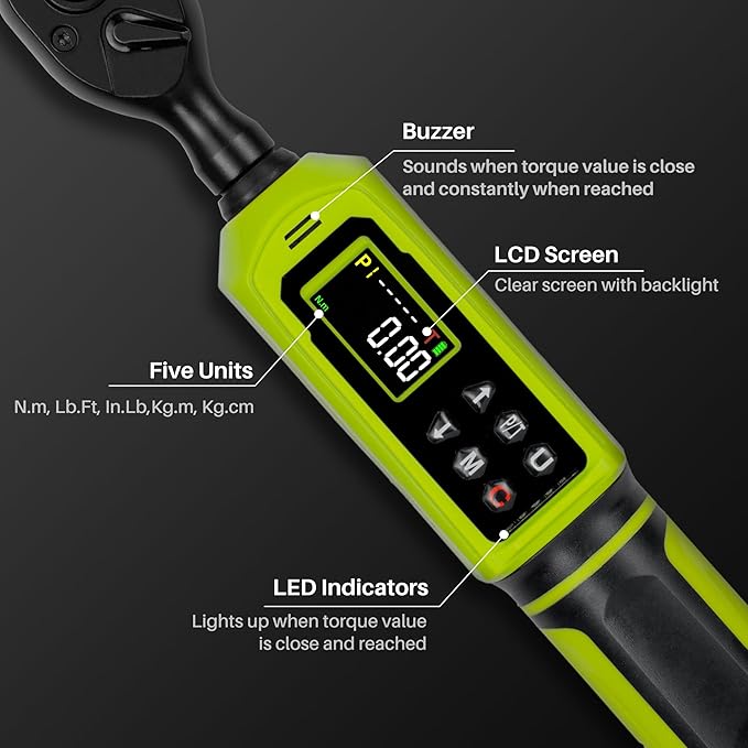 Digital Torque Wrench 3/8"Drive-0.66-44.25Ft.Lb, 0.9-60N.m, Electric Torque Wrench With Vibration Buzzer LED Indicator, ±2% Accuracy Five Units for Bike Motorcycle Car Auto Repair,Green Black