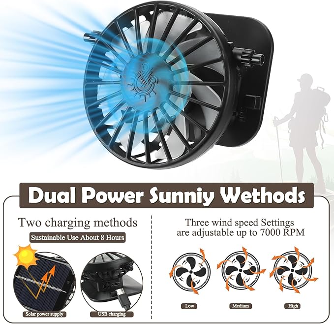 Berlune Men Sun Hat with 2 Solar Fans Wide Brim Outdoor Fishing Hat USB & Solar Powered for Sun Protection Camping Hiking
