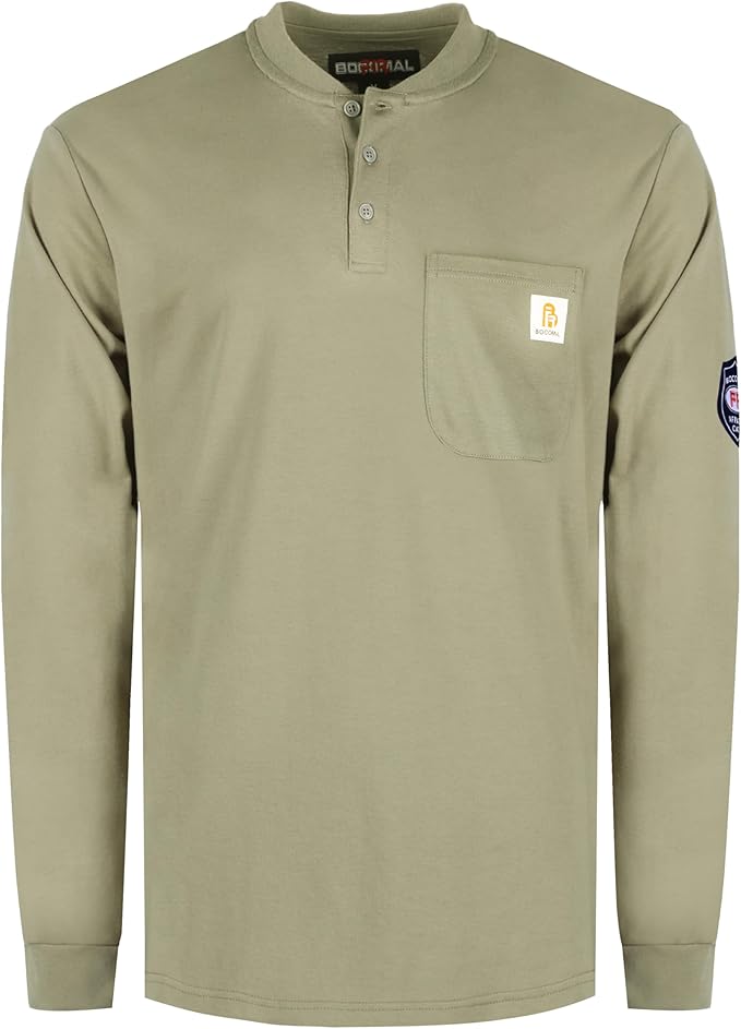 BOCOMAL FR Shirts Henley 7oz Midweight Fire Resistant Clothing NFPA2112 CAT2 Men's Flame Retardant Work Shirt